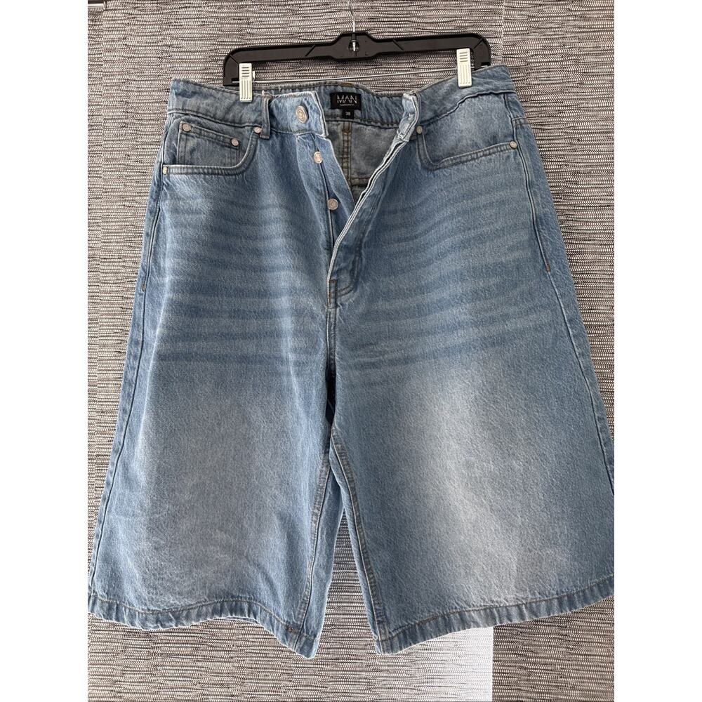BoohooMan Tall Relaxed Fit Jorts, Light Wash, Size 38 Tall